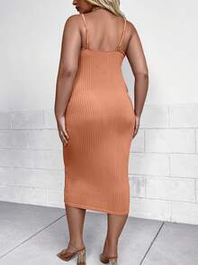 SHEIN LUNE Plus Solid Ribbed Knit Cami Bodycon Dress - Apricot - View 2