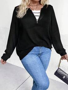 SHEIN LUNE Hơn Khóa kéo một phần tư Áo len - màu đen - Xem 7