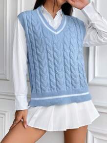SHEIN Qutie 1pc Striped Trim Cable Knit Sweater Vest - Blue and White - View 6