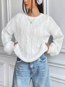 Flirla Cable Knit Drop Shoulder Sweater,Long Sleeve Tops Knit Pullover Fall Winter Outfit - White - View 1