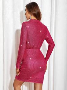 SHEIN Privé Wrap Hem Sequin Bodycon Dress - Hot Pink - View 5