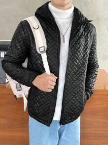 Manfinity VCAY Loose-Fit Men's Letter Patched Hooded Quilted Coat - Black - View 2