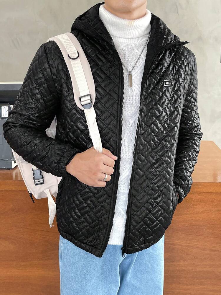 Loose-Fit Men's Letter Patched Hooded Quilted Coat