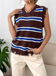 SHEIN Unity Striped Pattern Raw Trim Sweater Vest - Multicolor - View 4