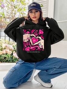 SHEIN EZwear 休閒簡約長袖帽衫，手勢愛心和字母印花設計，適合秋冬季節，女性超大尺碼 - 黑色 - 查看 8
