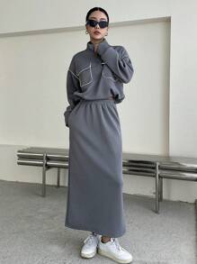 DAZY Contrast Piping Drop Shoulder Half Zip Sweatshirt & Skirt,Women Two Pieces Sets Fall,Winter Lounge Sets For Women - Grey - View 8