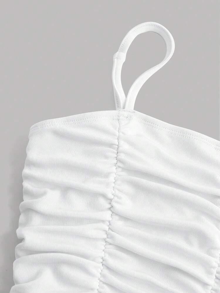 SHEIN 青少年女孩素色褶邊吊帶洋裝 - 白色 - 查看 4