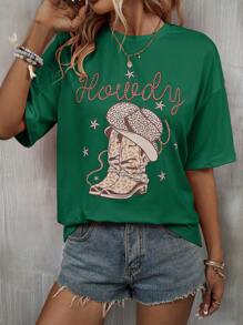 SHEIN LUNE In Chữ & Sao Áo thun Thả vai - Màu xanh lá cây đậm - Xem 1