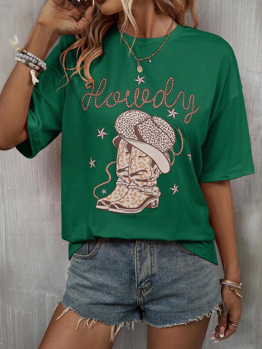 SHEIN LUNE In Chữ & Sao Áo thun Thả vai - Màu xanh lá cây đậm - Xem 1