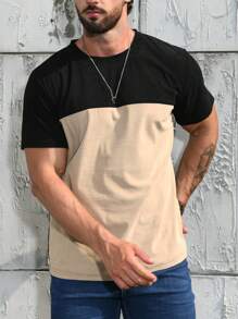 Manfinity Homme Men Two Tone Casual Color Block Short Sleeve Tee, For Going Out,, For Husband - Khaki - View 4