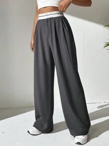 SHEIN EZwear 女士春季時尚百搭灰色高腰寬腿鬆身純色皺褶褲,適用於辦公室ol - 深灰色 - 查看 4