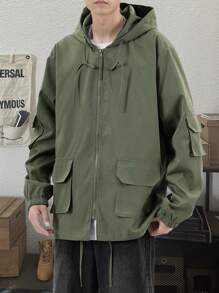 Manfinity Hypemode Nam áo có mũ Áo khoác Với Flap túi Và Eo dây rút - xanh quân đội - Xem 3