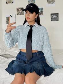 SHEIN EZwear 大碼1入組麻花編織落肩袖短款毛衣不附帶系帶 - 藍色 - 查看 1