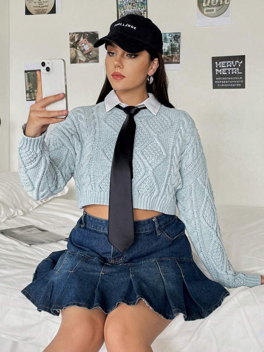 SHEIN EZwear 大碼1入組麻花編織落肩袖短款毛衣不附帶系帶 - 藍色 - 查看 1