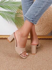 女士方头粗高跟凉鞋，时尚百搭一脚蹬舒适正装鞋，适合夏季 - 卡其色 - 查看 3