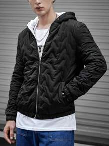 Manfinity VCAY 1pc Loose Fit Men's Zip-Up Hooded Quilted Jacket, For Fall Winter - Black - View 4