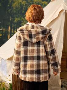 SHEIN Tween Boy Plaid Pattern Button Front Hooded Teddy Coat & Scarf - Multicolor - View 7