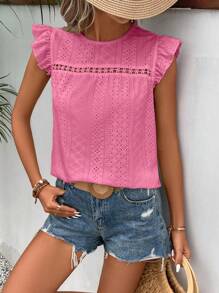 SHEIN Frenchy Lỗ gắn thêu Viền Ruffle Áo thun - Màu Hồng Tươi - Xem 3