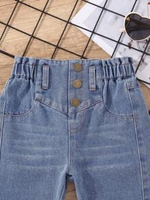 Baby Girl Elastic Waist Paperbag Waist Jeans - Medium Wash - View 3