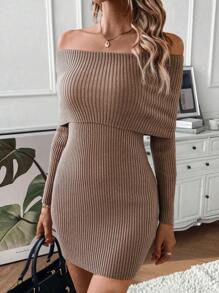 SHEIN LUNE Off Shoulder Foldover Bodycon Sweater Dress Fall Cloth For Women - Brown - View 3