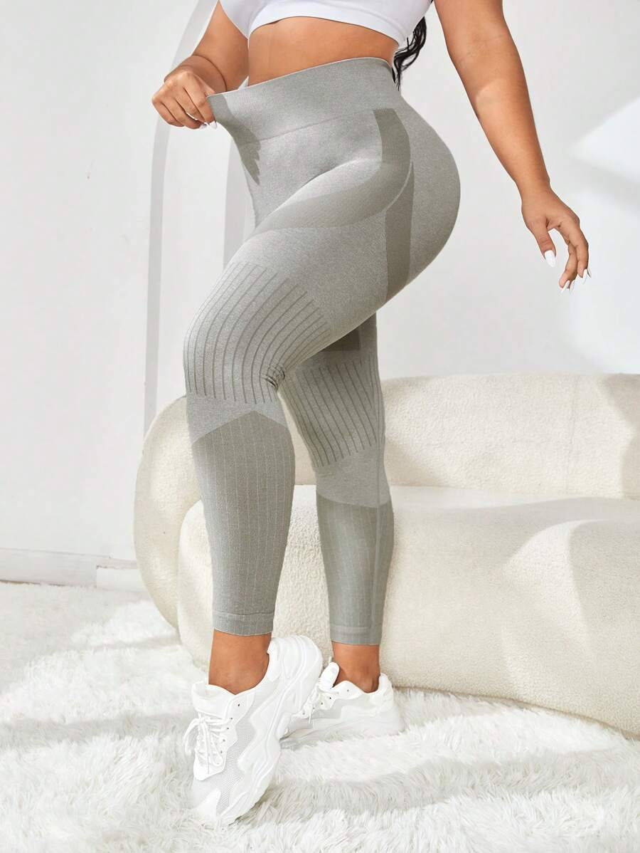 Yoga Basic 大碼條紋印花寬腰帶運動打底褲 - 灰色 - 查看 1