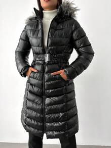 EURMUSE Fuzzy Hooded Belted Puffer Coat - Black - View 3