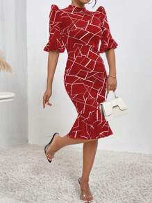 SHEIN Privé In Địa lý Ống tay áo Nàng tiên cá Hem Đầm - Đỏ và trắng - Xem 4