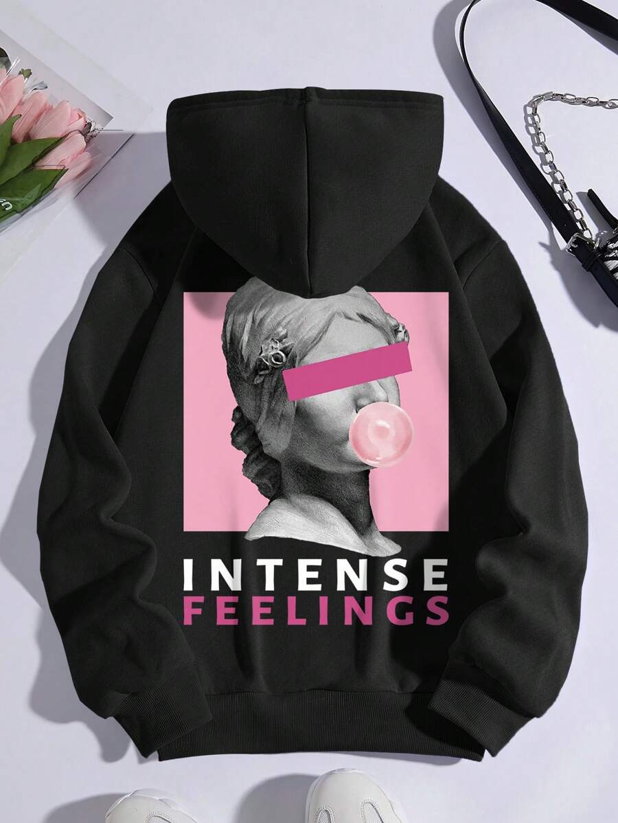 SHEIN EZwear 加大码雕塑字母图案袋鼠口袋抽绳保暖内衬卫衣 - 黑色 - 查看 1