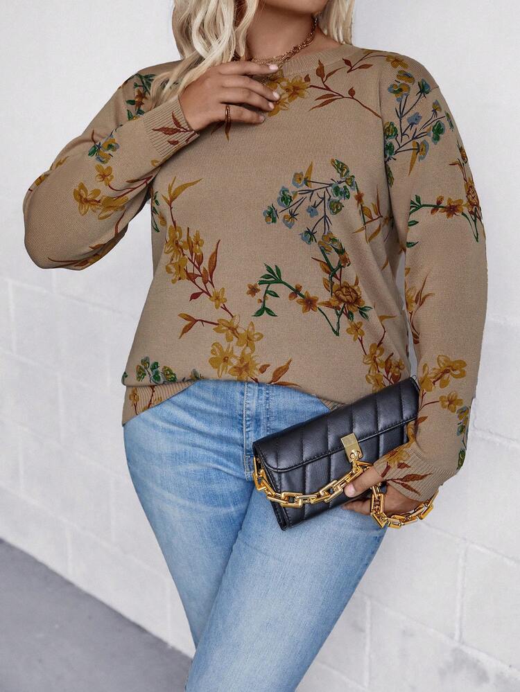 Plus Floral Pattern Sweater Knit Pullover Fall Winter Sweater