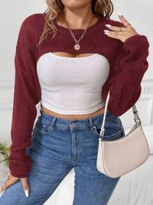 Calvaya 大碼落肩袖超短版套頭毛衣不附吊帶上衣 - 酒紅色 - 查看 4