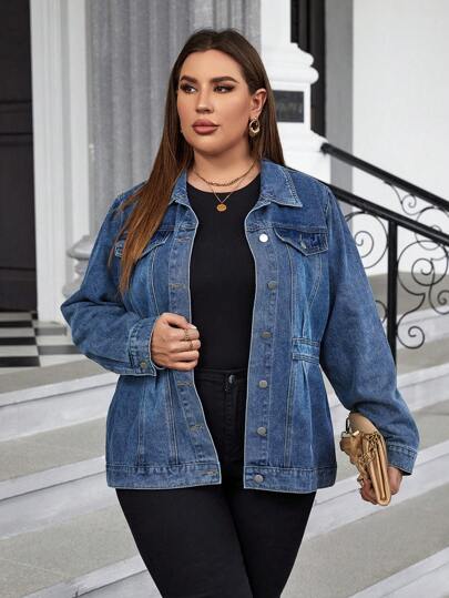 EMERY ROSE Plus Flap Pocket Denim Jacket Elegant