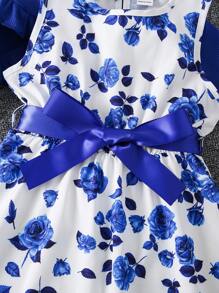 SHEIN Young Girl Floral Print Bow Front Dress & Ruffle Trim Jacket,Holiday,Summer,Travel - Blue and White - View 5