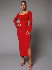 SHEIN BAE 方領喇叭袖開衩大腿洋裝 - 酒紅色 - 查看 3