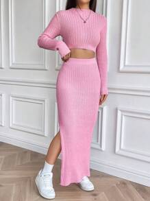 SHEIN Unity 1 套紧身性感纯色长袖上衣和高开叉裙毛衣两件套服装 - 粉色 - 查看 5