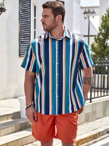 Genlund Men's Plus Size Loose-Fit Striped Print Shirt & Shorts Set - Blue - View 1