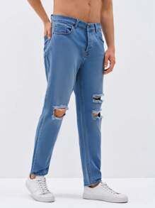 RueChic Men Ripped Straight Leg Jeans - Light Wash - View 5