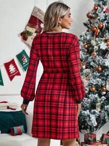 SHEIN Maternity Plaid Print Belted Dress - Red - View 2