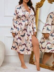Plus Butterfly Print Belted Satin Robe Without Lingerie Set Luxeloungewear, Fall - Apricot - View 4