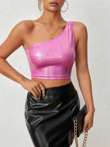 SHEIN Privé Atasan Wanita Asimetris Plain Casual - Berwarna merah muda - View 5