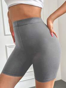 Cottnline Solid High Waist Biker Shorts - Grey - View 4