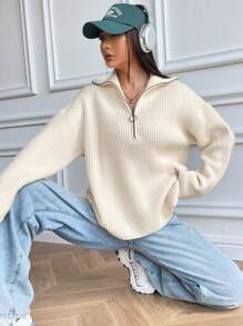 Flirla Half Zip Ribbed Knit Drop Shoulder Sweater,Long Sleeve Tops Knit Pullover Fall Winter Sweater - Apricot - View 6