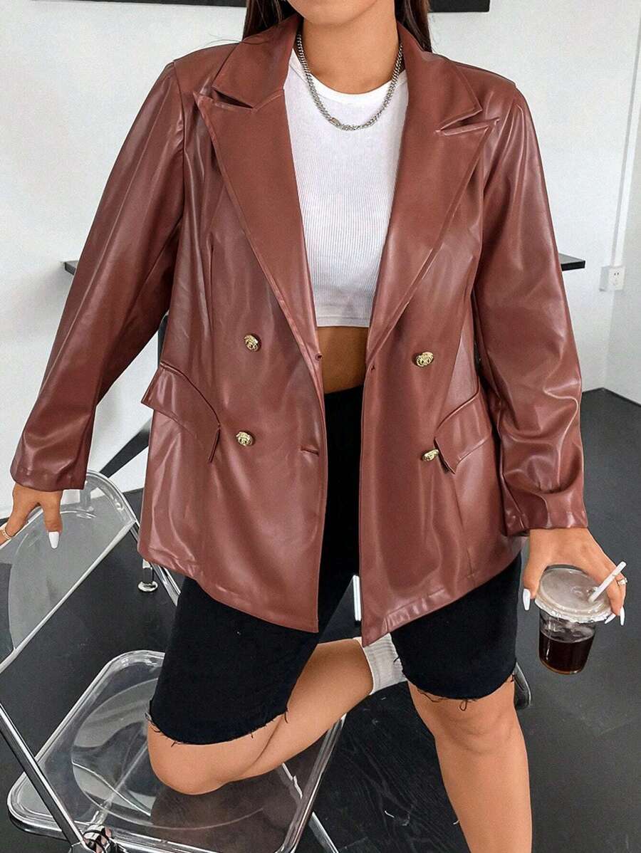 Flirla 大碼西裝領雙排釦亮面西裝外套 - 棕色 - 查看 1