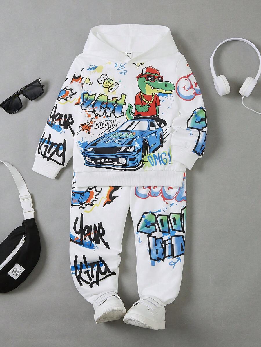 SHEIN Young Boy 2pcs Loose Comfortable Print Hoodie & Sweatpants Set, Fleece, Thickened Boy Kids Setkids Sweat Setboys Sweat Sets - Multicolor - View 1