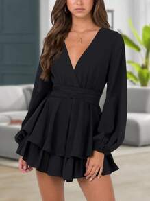 Surplice Neck Lantern Sleeve Two Layer Hem Dress - Black - View 1