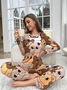 AKIKODRAWS Artist Girlcore 卡通图案睡衣套装，秋季女装，适合秋冬季、节日 - 彩色 - 查看 3