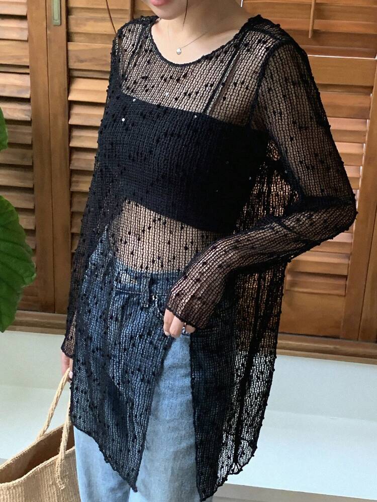 Solid Sheer Mesh Top Without Cami Top Going Out Tops Festival Long Sleeve Women Tops