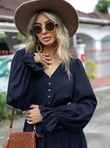 SHEIN Clasi Tay áo loe Xù Hoa Sen Váy có thắt lưng - Màu xanh hải quân - Xem 4