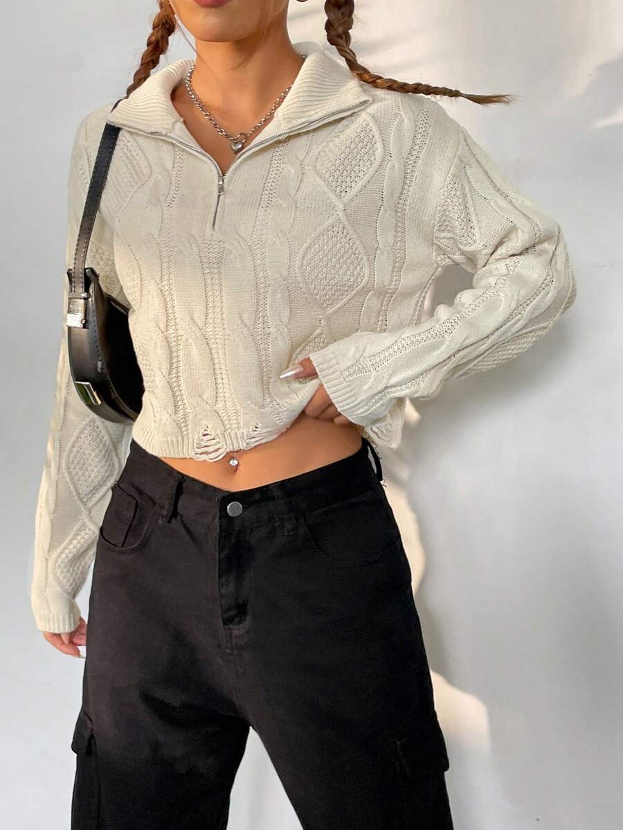 SHEIN Unity Cable Knit Drop Shoulder Half Zip Up Sweater - Apricot - View 1