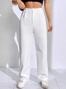 SHEIN EZwear Quần ống đứng cạp cao trơn - trắng - Xem 1