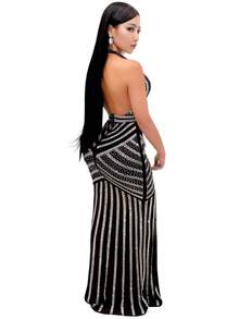 Vestido de vestir de cuello profundo de espalda abierta con diamante de imitación - Negro - Ver 2